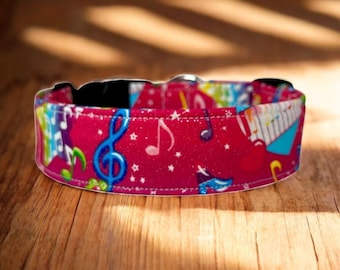 90’s music notes dog collar, handmade fabric dog collar, side release adjustable dog collar, funny dog collars, washable, gifts for dogs