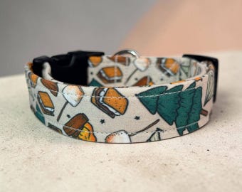Camping funny handmade dog collar, adjustable side release, washable cotton fabric, webbing core, customizable hardware color