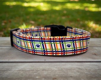 Rainbow Plaid handmade funny Dog Collar: Adjustable side release, washable cotton fabric, webbing core, customizable hardware