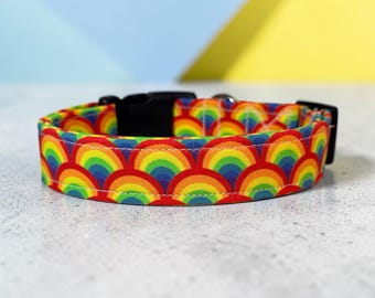 Retro Rainbows handmade Dog Collar: adjustable side release,  Washable cotton Fabric, webbing core, customizable hardware