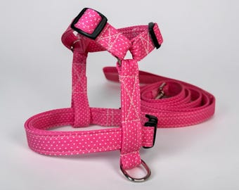 Sweetheart Pink Polka dot handmade dog harness leash set, standard roman or step in, matching leash optional, washable fabric, webbing core
