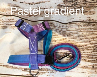 Dog harness, Harness and leash, step in harness, standard harness, adjustable harness, pastel dog harness, pink, purple, blue, gradient