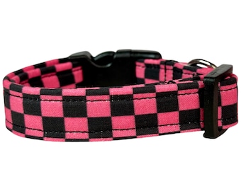 Retro checkered dog collar, girl dog collar, handmade side release collar, washable fabric dog collar, pink and black checkered print