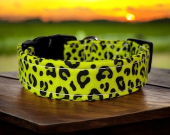 Neon Green cheetah dog collar, handmade fabric dog collar, side release adjustable dog collar, funny dog collars, washable, gifts for dogs