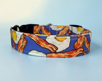 Bacon and Eggs Handmade funny food dog collar, adjustable side release, washable cotton fabric, webbing core, customizable hardware color