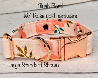 Dog Collar, adjustable collar, metal buckle, pink floral, floral dog collar, rose gold hardware, buckle dog collar, blush pink, rose gold