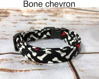 Chevron bone dog collar, black dog collar, side release collar, adjustable collar, fabric dog collar, washable, chevron, dog bones, black