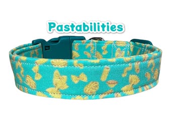 Noodle Print Handmade Dog Collar: Adjustable Side Release, Funny Food Collar, washable cotton fabric, webbing core, customizable hardware