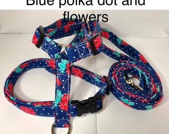 Dog harness, Harness and leash, step in harness, standard harness, dog harness set, dog halter, dog harness girl, blue, polka dot, roses