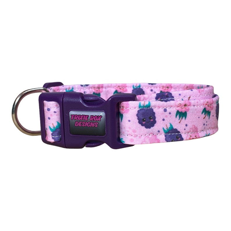 May include: Purple and pink dog collar with a repeating pattern of cartoon blueberries and flowers. The collar has a purple buckle with the text "TRIXIE ROX DESIGNS" on it.
