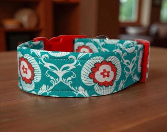Handmade Turquoise and Orange Floral Dog collar, side release washable fabric adjustable pet collar, funny dog collars, Customizable collar