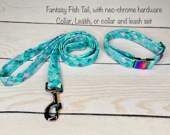Dog Collar, adjustable dog collar, mermaid dog collar, metal buckle, neo chrome, buckle dog collar, rainbow hardware, collar and leash set