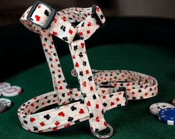 Playing Card Suits handmade dog harness and leash set, standard roman or step in, matching leash optional, washable fabric, webbing core