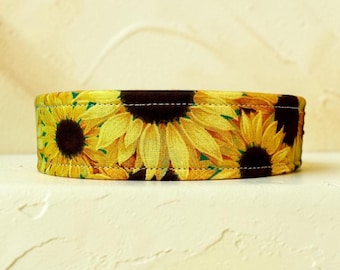Sunflower handmade floral dog collar, adjustable side release, washable cotton fabric, webbing core, customizable hardware color