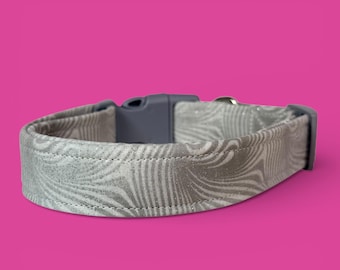 Gray with Glitter Handmade dog collar: Washable fabric, adjustable side release, webbing core, customizable hardware, Wide dog collar