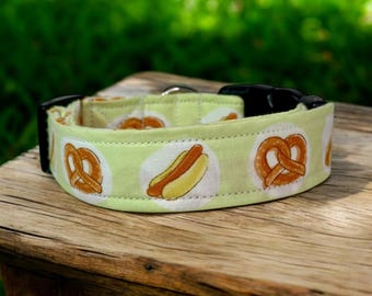 Hot dog and pretzel dog collar, fabric handmade side release collar, girl dog collar, boy dog collar, custom collar, washable & adjustable