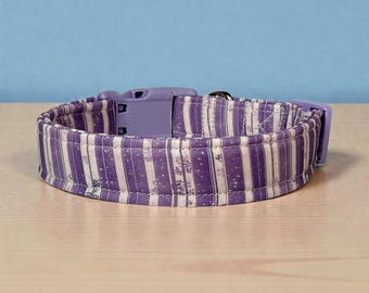 Handmade Purple Striped Dog Collar: Adjustable side release, washable fabric, webbing core, customizable hardware