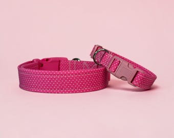 Pink Sweetheart Polka dots handmade dog collar, adjustable side release, washable cotton fabric, webbing core, customizable hardware