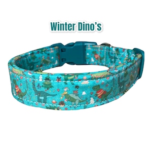 Christmas Dinosaur Dog Collar: Teal Winter Dino Fabric