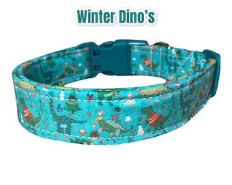 Christmas dog collar, dinosaur dog collar, adjustable collar, washable collar, side release collar, winter, fabric dog collar, teal, dino’s
