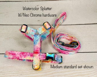 Dog harness, dog Harness and leash set, step in harness, standard harness, dog harness set, Neo chrome hardware, watercolor splatter