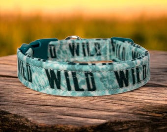 Teal tie dye wild dog collar, handmade fabric dog collar, side release adjustable dog collar, funny dog collars, washable, gifts for dogs