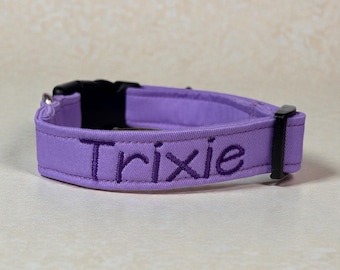 Personalized Embroidered handmade purple dog collar, cotton canvas fabric, washable, adjustable, webbing core, side release custom collar