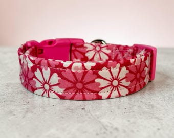 Pink Floral daisy handmade dog collar, adjustable side release, washable cotton fabric, webbing core, customizable hardware color