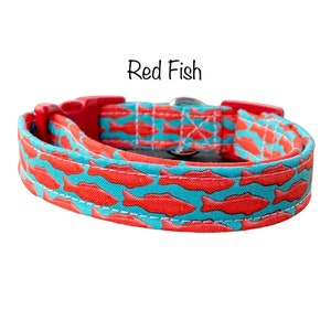 Red fish dog collar, food dog collar, funny dog collar, red, blue, side release collar, adjustable collar, cat collar, washable dog collar