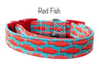 Red fish dog collar, food dog collar, funny dog collar, red, blue, side release collar, adjustable collar, cat collar, washable dog collar