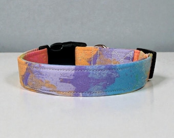 pastel paint ombre handmade dog collar, adjustable side release, washable fabric, webbing core, customizable hardware