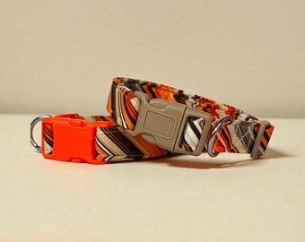 Fall Orange and Tan Stripe Funny handmade dog collar, adjustable side release, washable cotton fabric, webbing core, customizable hardware