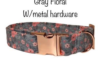 Gray floral dog collar, rose gold, metal hardware, eco friendly, washable, adjustable, floral dog collar, gray floral, dog collar girl, rose