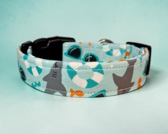 Swimming Shark funny handmade dog collar, adjustable side release, washable cotton fabric, webbing core, customizable hardware color