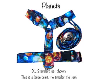 Galaxy dog harness and leash set, planets, standard Roman dog harness, step in dog harness, adjustable dog harness, space, celestial, sci fi