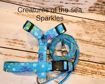 Dog harness, Harness and leash, step in harness, dog harness set, standard harness, roman dog harness, adjustable,  fish dog harness, ocean