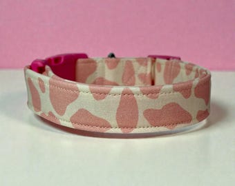 Pink Cow Print Dog collar: handmade dog collarWashable fabric, adjustable side release, webbing core, customizable hardware, wide dog collar