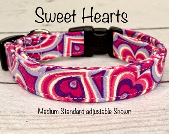 Heart dog collar, girl dog collar, pink, purple, hearts, side release collar, adjustable collar, washable dog collar, fabric dog collar,