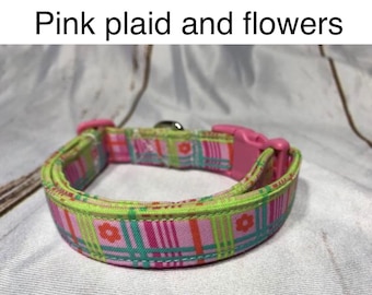 Pink plaid and flowers, standard adjustable dog collar,  or martingale collar