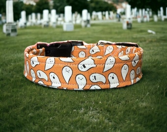 Ghost dog collar, Halloween dog collar, handmade dog collar, fabric dog collar, side release adjustable collar, orange dog collar, ghosts
