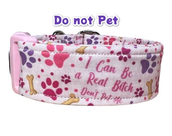 Funny dog collar, cuss word dog collar, wide dog collar, side release, adjustable, washable dog collar, fabric dog collar, a real bitch