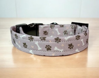 Personalized engraved Lavendar paw print dog collar, side release metal hardware, handmade fabric dog collar with engraved metal buckle