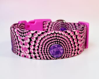 Pink Pearls handmade dog collar, adjustable side release, washable cotton fabric, webbing core, customizable hardware color