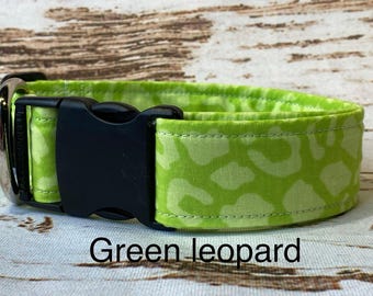 Fabric Dog Collar in Green Leopard Print, Adjustable Cotton with Side Release Buckle