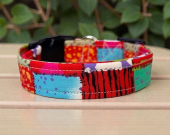 Patchwork handmade dog collar, adjustable side release, washable cotton fabric, webbing core, customizable hardware