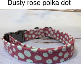 Polka Dot Dog Collar: Adjustable Buckle Collar, Gunmetal & Dusty Rose, handmade funny dog collars, side release, washable 