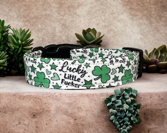 Lucky little fucker dog collar, funny dog collar, obscene dog collar, clovers, side release adjustable collar, washable, handmade dog collar