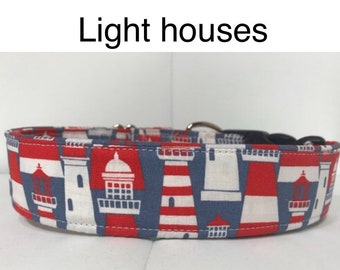 Light house dog collar, wide dog collar, light houses, red, gray, white, washable, adjustable, fabric dog collar, side release buckle