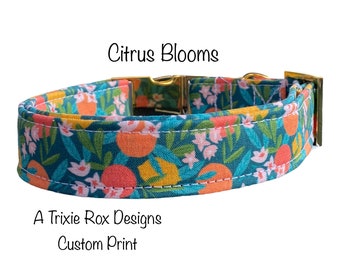 Floral dog collar, side release adjustable dog collar, washable, orange, lemon, floral, metal hardware, brass, rose gold, citrus floral