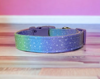 Rainbow dog collar, dog collar girl, pastel ombre stars, girly dog collar, designer dog collar, side release adjustable, handmade collar